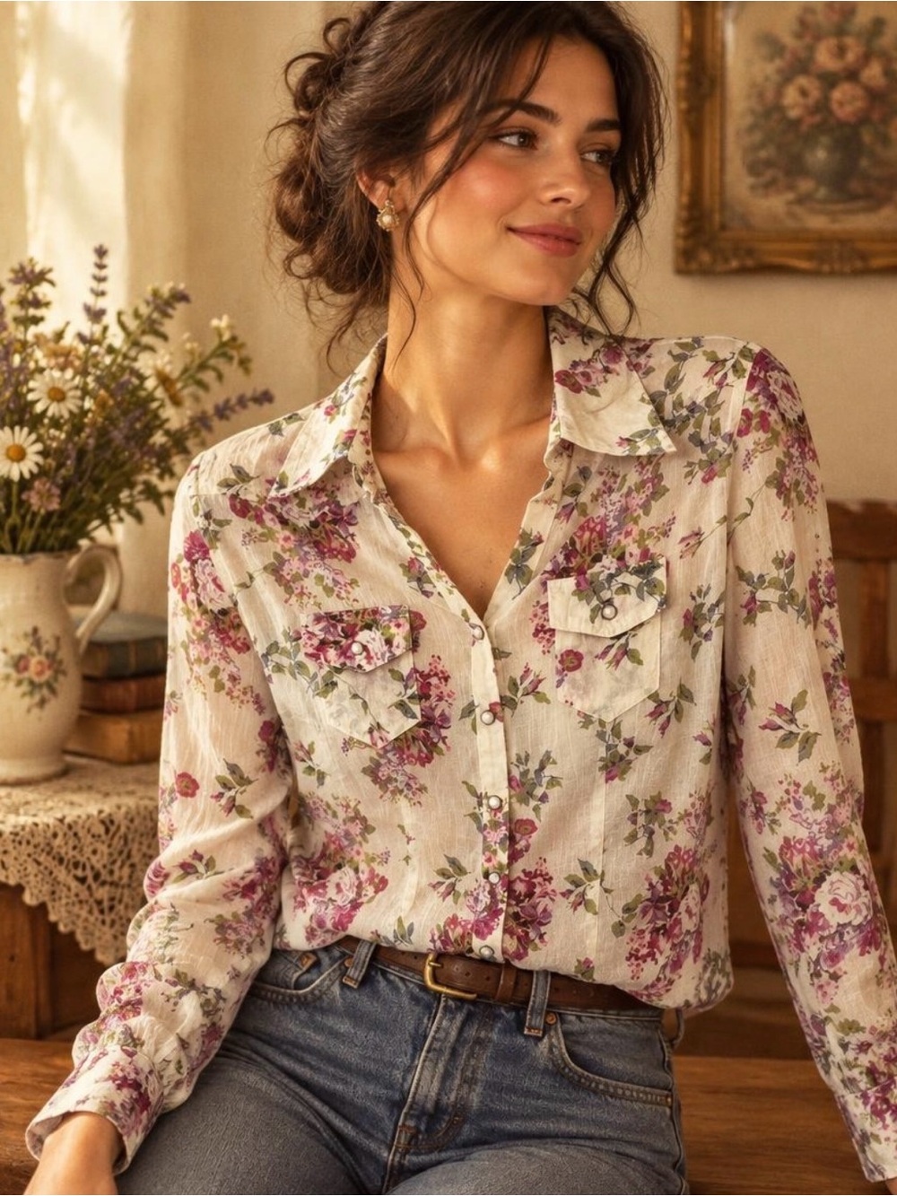 Buffalo David Bitton Cream Button-Front Floral Shirt with floral Print